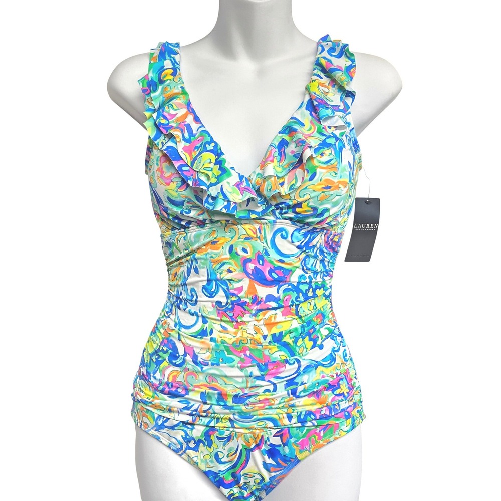 Ralph Lauren Womens Multicolor Ruffle V-Neck One Piece Swimsuit Size 6 Artsy